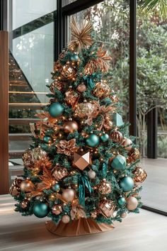 a christmas tree with gold, green and blue ornaments on it in front of a window