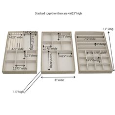 two trays with dividers and measurements for each compartment in the same size as shown above