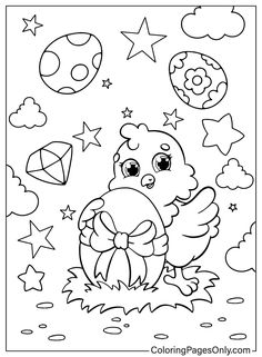 a coloring page with an image of a bird in the sky and stars around it