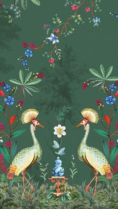 two birds standing next to each other in front of flowers and plants on a green background