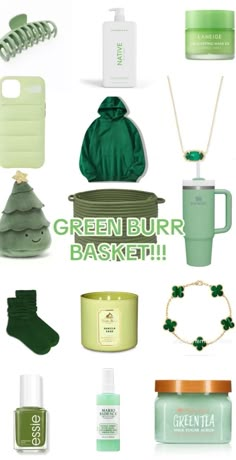 the green bur basket is full of items for st patrick's day, including socks, mugs and other things