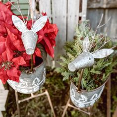 two tin buckets filled with poinsettia plants