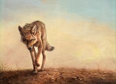 a painting of a wolf walking across a field with grass and dirt on the ground