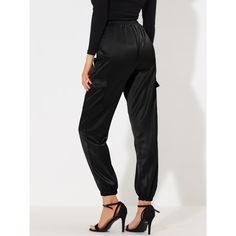 Master the chic look while staying comfy with the High Waist Satin Cargo Pants. The soft satin fabric shapes the stylish pants with an elasticized, drawstring waist and loose straight legs. Elastic waist with matching color drawstring, and relaxed elastic cuffs at the ankles, easy to pull on and take off. Two cargo pockets make you look cool. Black Satin Loungewear Bottoms, Solid Satin Pants With Elastic Waistband, Chic Satin Bottoms With Pockets, Black High Waist Satin Pants, Black Satin High Waist Pants, Satin Bottoms With Pockets For Work, Casual Satin Bottoms For Loungewear, Casual Satin Loungewear Bottoms, Satin Long Pants With Pockets