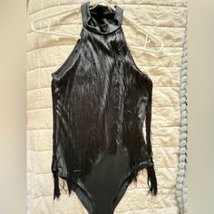 Black Bodysuit With Fringe On The Front. Size S Never Worn Black Sleeveless Swimwear For Party, Black Sleeveless Bodysuit For Evening, Black Sleeveless Swimwear For Evening, Black Halter Neck Swimwear For Party, Black Summer Party Bodysuit, Black Swimwear For Summer Costume Party, Black Halter Neck Bodysuit For Club, Black Halter Neck Bodysuit For Party, Fitted Black Swimwear For Party