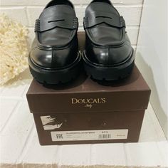 Doucal’s Black Moccasins Sole Leather Loafers. Front Mask Edge Stitched In Relief On The Upper. 40 Mm Rubber Sole Hand Made In Italy Slip On Penny Loafer. All Leather, Lined. Padded Footbed. - Almond Tie. Excellent Quality . Black, New In Box . Us Size 8.5. Orig Price $400 Luxury Textured Sole Spring Loafers, Classic Luxury Tassel Loafers With Removable Insole, Black Moccasins, Black Leather Loafers, Penny Loafer, Penny Loafers, Leather Loafers, Loafer Shoes, Moccasins