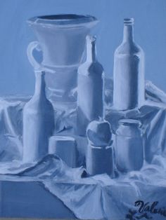 a painting of white vases and bottles on a blue clothed tablecloth, with one empty bottle in the foreground