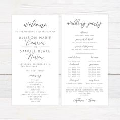 two wedding program cards with the words welcome and marriage party written on them in black ink