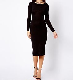 Simply Me Long Sleeve Extended Midi Dress - Solo Stylez Black Stretch Midi Dress For Winter, Sleek Solid Dresses For Fall, Sleek Solid Color Fall Dresses, Knee-length Black Midi Dress For Winter, Winter Bodycon Midi Dress For Night Out, Black Lace Midi Dress For Fall, Black Knee-length Midi Dress For Fall, Fall Long Sleeve Sleek Bodycon Dress, Fall Midi Bodycon Dress For Date Night