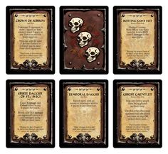 six cards with skulls and bones on them, all in different shapes and sizes for each card