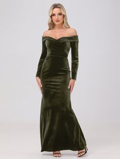 Dark_Olive_Green Velvet Bridesmaid Dresses Dark Green, Green Velvet Dress Off Shoulder, Long Sleeve Black Velvet Bridesmaid Dresses, Green Velvet Off The Shoulder Dress, Off-shoulder Velvet Evening Dress, Velvet Bridesmaid Dress, Velvet Bridesmaid, Velvet Bridesmaid Dresses, Dark Olive Green