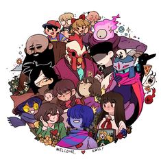 a bunch of cartoon characters that are all grouped up in the shape of a circle