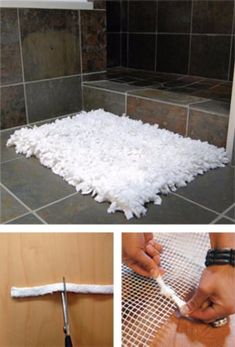 there are three pictures showing how to use a shower grout and the bathroom floor is covered in toilet paper