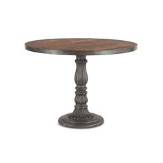 a round wooden table with an iron base and wood top, on a white background