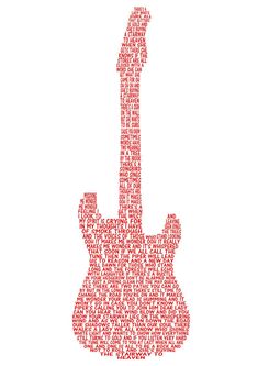 an electric guitar made up of words in red and black on a white background,