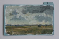 an abstract painting with clouds in the sky and grass on the ground, hanging from a gray wall