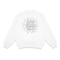 a white sweatshirt with the words alpa garna delta printed on it