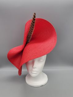 Red Top Hat For Spring Church Events, Red Top Hat For Spring Church, Red Top Hat For Summer Church, Red Feathered Fascinator For Kentucky Derby, Adjustable Red Fascinator With Feathers, Red Adjustable Fascinator With Curved Brim, Adjustable Red Fascinator With Short Brim, Red Adjustable Fascinator With Feathers, Adjustable Red Feathered Fascinator