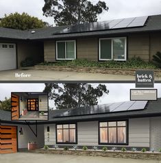 before and after photos of a house with solar panels on the roof, windows in the garage