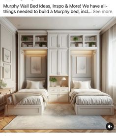 two beds in a room with built - in bookshelves on the wall and shelves above them