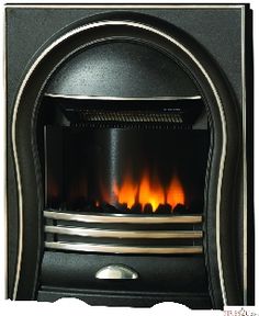 an image of a fire place that is in the middle of a white background with black and silver trim