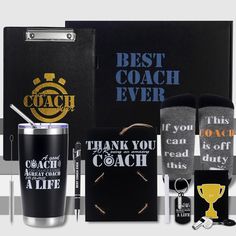 the coach gift set includes two mugs, socks and an award plaque for best coach ever