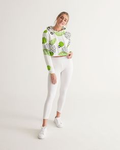 About The Art Lime-et-less Lucky Lime playing with limes to create whimsical patterns...FUN is Lime-et-Less!!! Product Details Crush your next workout in this super cute Women's Cropped Hoodie. Its ultra-soft fabric feels great against your skin and is a lounge worthy staple for every woman. Soft, breathable fabric Adjustable hood drawcords Silver metal detail Printed, cut, and handmade Size & Fit Oversized fit, cropped length Hits above hips Model is 5'11" wearing size Small Model's bust is 34B Playful White Stretch Top, Fitted White Hoodie For Spring, White Hooded Casual Activewear, Trendy White Stretch Hoodie, Trendy Green Relaxed Fit Activewear, Green Hooded Cotton Activewear, White Stretch Hooded Activewear, White Stretch Hoodie For Spring, White Fitted Hooded Activewear