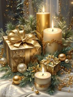 christmas candles and presents on a white table cloth with gold decorations, pine cones and balls