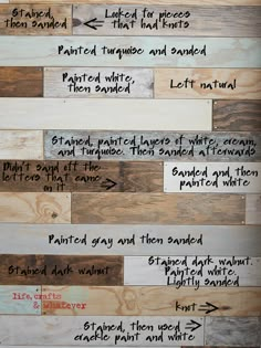 some wood planks with different types of paint and words written on the top one