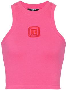 pink embroidered logo to the front round neck sleeveless racerback cropped straight hem Pb Logo, Balmain Top, Pink Closet, Off Duty Outfits, Yoko London, City Dress, Summer Beach Wear, Pink Tank Top, Cami Tanks