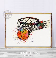 a painting of a basketball going through the net with paint splattered on it