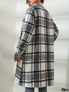 Bjux - Womens Plaid Print Long Length Shacket Jacket - Stylish Button-Front Outerwear with Long Sleeves Casual Collar Outerwear With Button Closure For Work, Casual Collar Winter Workwear Outerwear, Plaid Button-up Winter Outerwear, Plaid Winter Outerwear With Buttoned Pockets, Single Breasted Casual Collar Outerwear For Fall, Fall Single-breasted Outerwear With Casual Collar, Fall Single-breasted Casual Collar Outerwear, Plaid Winter Outerwear With Button Cuffs, Plaid Outerwear With Lapel Collar And Buttons