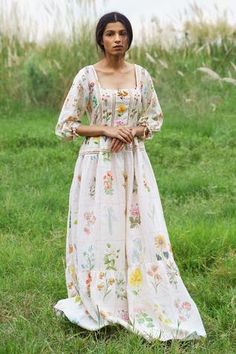 Shop for Pozruh by Aiman White Pure Hemp Floral Printed Maxi Dress for Women Online at Aza Fashions Floaty Maxi Dress, Hemp Clothing, Sustainable Clothing Brands, Maxi Dress Online, Ethical Clothing, White Maxi, White Maxi Dresses, Printed Maxi, Sustainable Clothing