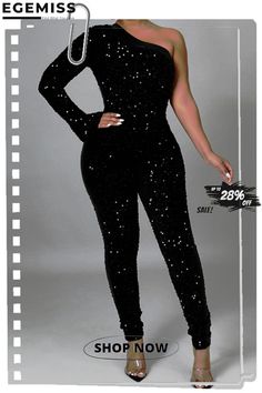 Fashion Sexy Patchwork Sequins Backless Oblique Collar Skinny Jumpsuits Glamorous Stretch Jumpsuits For Club, Glamorous Stretch Jumpsuits And Rompers For Club, Glamorous Stretch Jumpsuits And Rompers For Night Out, Stretch Bodysuit For Party Season Night Out, Black Stretch Jumpsuits And Rompers For Party Season, Black Stretch Jumpsuits And Rompers With Sequins, Black Stretch Sequined Jumpsuits And Rompers, Jumpsuit