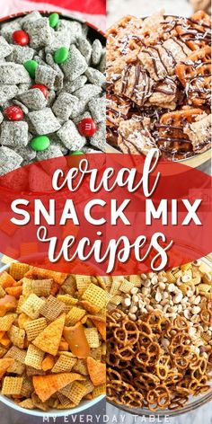 cereal snack mix recipe with text overlay