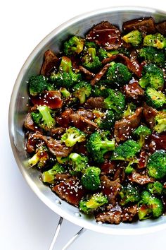 broccoli and beef stir fry in a pan