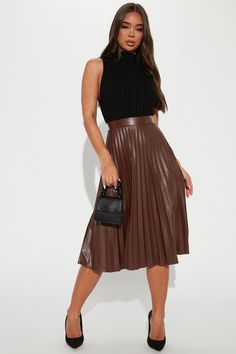 Available In Black And Brown. Midi Skirt Faux Leather High Waist Side Hidden Zipper Pleated Disclaimer: To Keep The Aesthetic Of This Garment, Please Follow The Care Instructions Carefully. Facing: 100% Polyurethane Backing: 100% Polyester Imported California Proposition 65 WARNING: Cancer and Reproductive Harm - www.P65Warnings.ca.gov. | Stating Facts Midi Skirt in Brown size Small by Fashion Nova Brown Leather Midi Skirt Outfit, Long Brown Leather Skirt Outfit, Dark Brown Skirt Outfit, Tan Skirt Outfit, Pleated Leather Skirt Outfit, Midi Skirt With Boots, Formal Skirt And Top, Brown Leather Skirt Outfit, Faux Leather Skirt Outfit