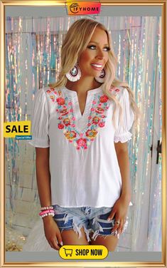 White Floral Embroidered Ruffled Puff Sleeve Blouse Summer Embroidered Feminine Blouse, Spring Top With Embroidered Puff Sleeves, Spring Puff Sleeve Top With Embroidered Sleeves, Feminine Embroidered Summer Blouse, Summer Feminine Embroidered Blouse, Spring Embroidered Puff Sleeve Top, Spring Puff Sleeve Top With Embroidery, Spring Blouse With Floral Embroidery And Puff Sleeves, White Puff Sleeve Top With Floral Embroidery