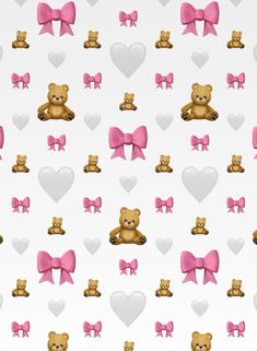 teddy bears with pink bows and hearts on a white background that is seamed together