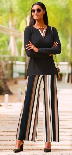 Beyond Travel ™ V Neck Long Sleeve Top & Striped Pant ~ Today's Fashion Item #ResortWear #BostonProper #TravelApparel Striped Palazzo Pants, V Neck Long Sleeve Top, Striped Pant, Women Fashion Edgy, Beachwear Fashion, Womens Fashion For Work, Autumn Fashion Women