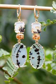 Enchanted Garden Earrings – Eleux Elegant Dangle Earrings With Natural Inclusions, Elegant Chalcedony Earrings With Natural Stones, Elegant Amber Agate Earrings, Garden Earrings, Grossular Garnet, Yellowstone River, Montana Agate, Yellow Gold Earrings, Agate Earrings