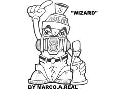 a drawing of a person wearing a gas mask and holding a bottle with the caption wizard by marco a real