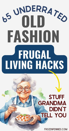 an old woman holding a plate with food on it and the words frugal living hack