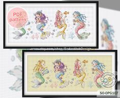 two cross stitch mermaids with different designs