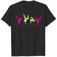 three people doing tricks in the air on a black t - shirt