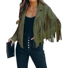 Womens Casual Vintage Short Jacket Top, Classic Notched Lapel, Long Sleeve, Open Front Cardigan Style, Slim Fit, Crop Length. Chic Leather Jacket With Fringe For Fall, Chic Green Leather Jacket For Fall, Chic Leather Jacket With Fringe And Long Sleeves, Chic Leather Jacket With Fringe, Chic Long Sleeve Leather Jacket With Fringe, Chic Long-sleeve Leather Jacket With Fringe, Trendy Green Leather Jacket For Fall, Chic Fringe Outerwear For Work, Chic Green Leather Jacket For Spring