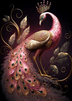 a painting of a pink and gold peacock with a crown on it's head