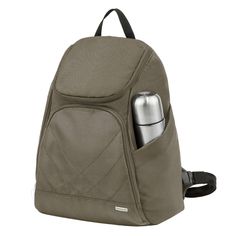 a backpack with a bottle in it and a cup on the front pocket that is open