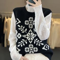 Wool Round Neck Vestchic Edelweiss Vest Trendy White Sweater For Layering, Casual White Winter Sweater, Chic White Tops For Winter, Chic White Sweater For Winter, Chic White Winter Sweater, Hot Sweater, Printed Trousers, Cotton Coat, Loose Shorts