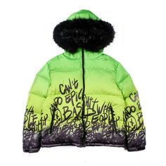 Puffer Jacket With Fur Hood In Neon Yellow Elevate your outerwear game and stay warm in our latest puffer jacket. Crafted from premium quality nylon, this puffer features a plush fur-lined hood that adds an extra layer of insulation while exuding a touch of luxury. With a vibrant green gradient body and graffiti detailing, this jacket is the perfect blend of fashion and function that will keep you on-trend and protected against the elements this winter.- Nylon- Fur-lined hood - 2 zipper pockets Trendy Nylon Puffer Jacket For Streetwear, Green Winter Puffer Jacket With Fleece Lining, Green Fleece-lined Puffer Jacket For Winter, Green Hooded Puffer Jacket With Fleece Lining, Green Puffer Jacket With Fleece Lining For Cold Weather, Winter Nylon Puffer Jacket For Streetwear, Trendy Hooded Parka For Streetwear, Hooded Puffer Jacket With Fleece Lining For Streetwear, Urban Puffer Jacket With Fleece Lining